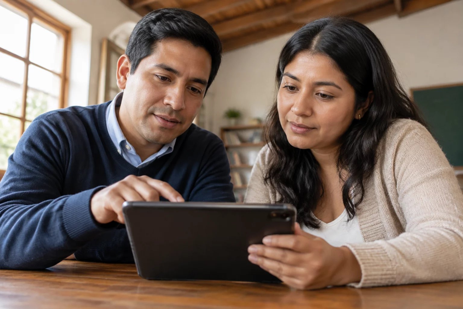 Dos personas revisando notas en una tablet sobre la mesa