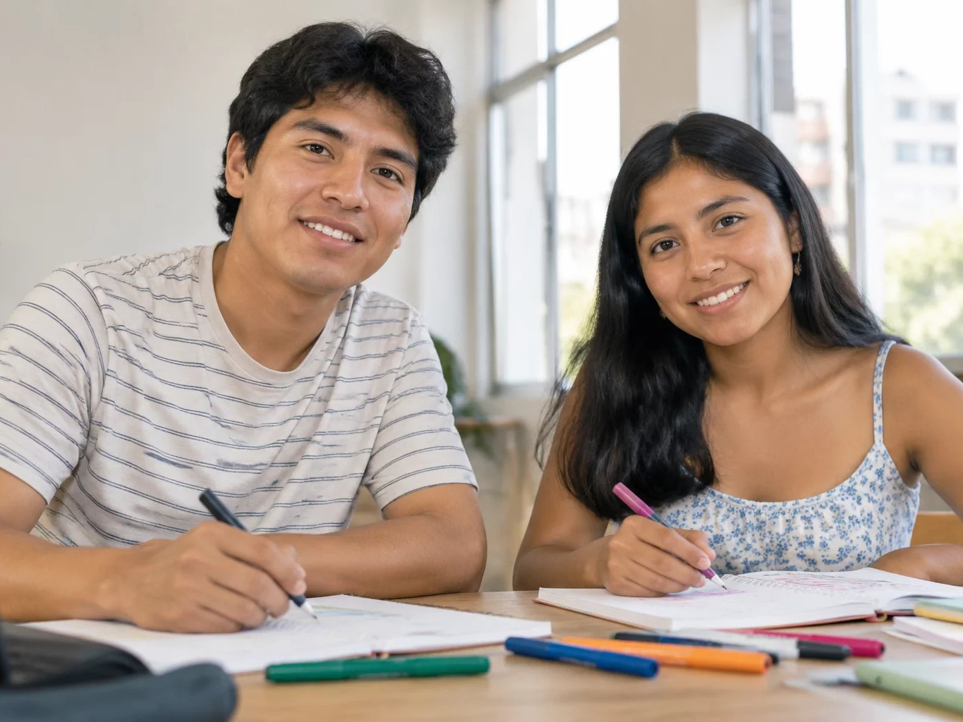 Dos participantes trabajando juntos con cuaderno y plumones