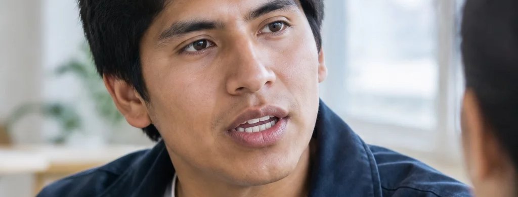 Una persona hablando mientras otra escucha, muy cerca de la cámara
